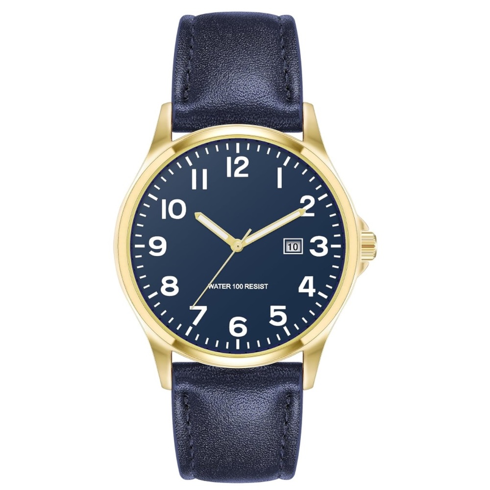 Men's Easy to Read Strap Watch - Blue & Gold w/ Leather Strap